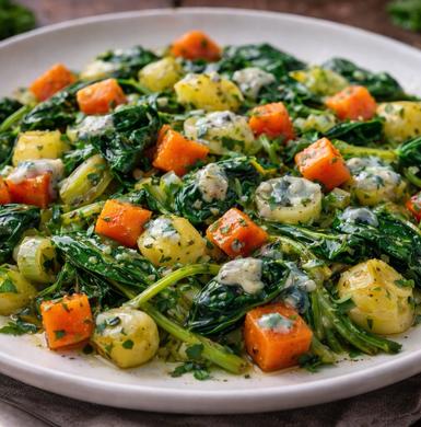 Recette de poêlée de légumes de printemps et Bleu d’Auvergne La Mémée